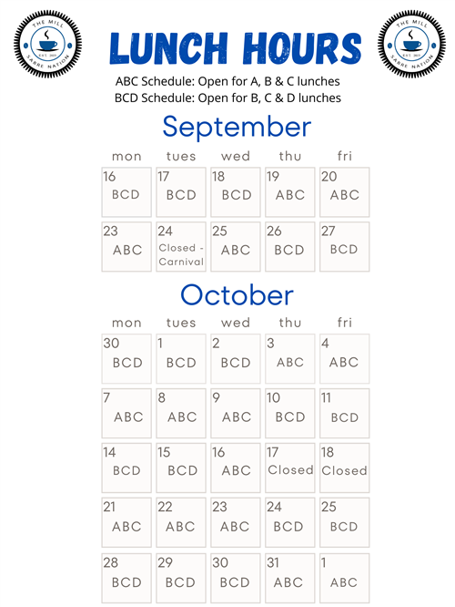 September/October Lunch Hours of Operation